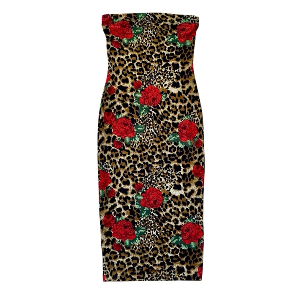 DNA Couture Leopard Print Strapless Midi Dress with Red Rose Accents - Medium